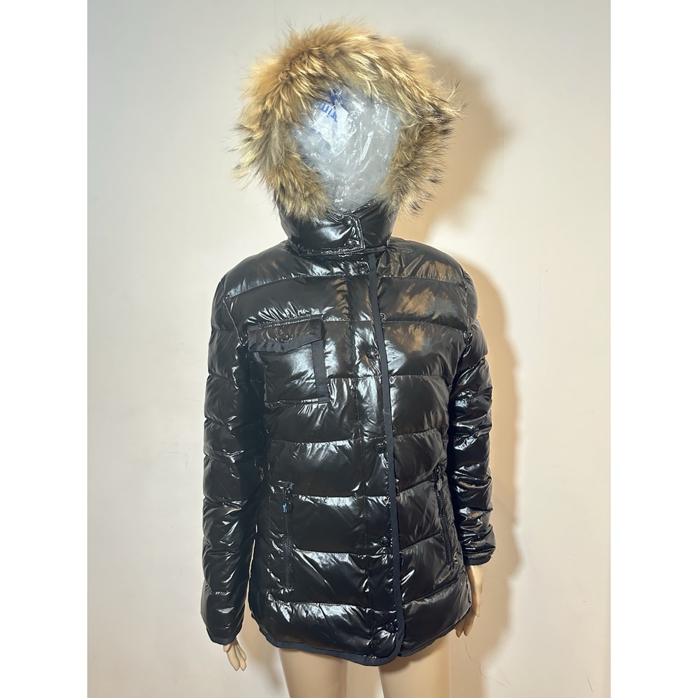 Moncler BADYFUR Women's Black Laqué Down Puffer Jacket Size 1 Raccoon Fur